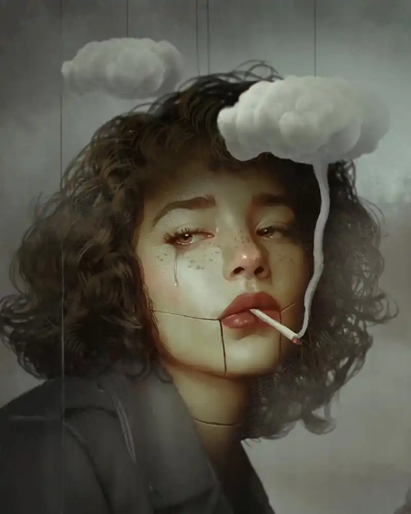 A girl, lost in melancholy, amidst swirling cigarette smoke